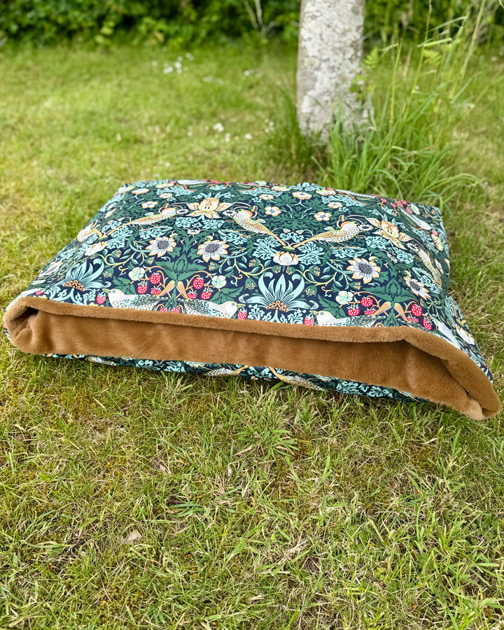 William Morris Ember Strawberry Thief Velvet Doggy Den Bed