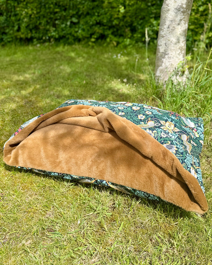 William Morris Ember Strawberry Thief Velvet Doggy Den Bed