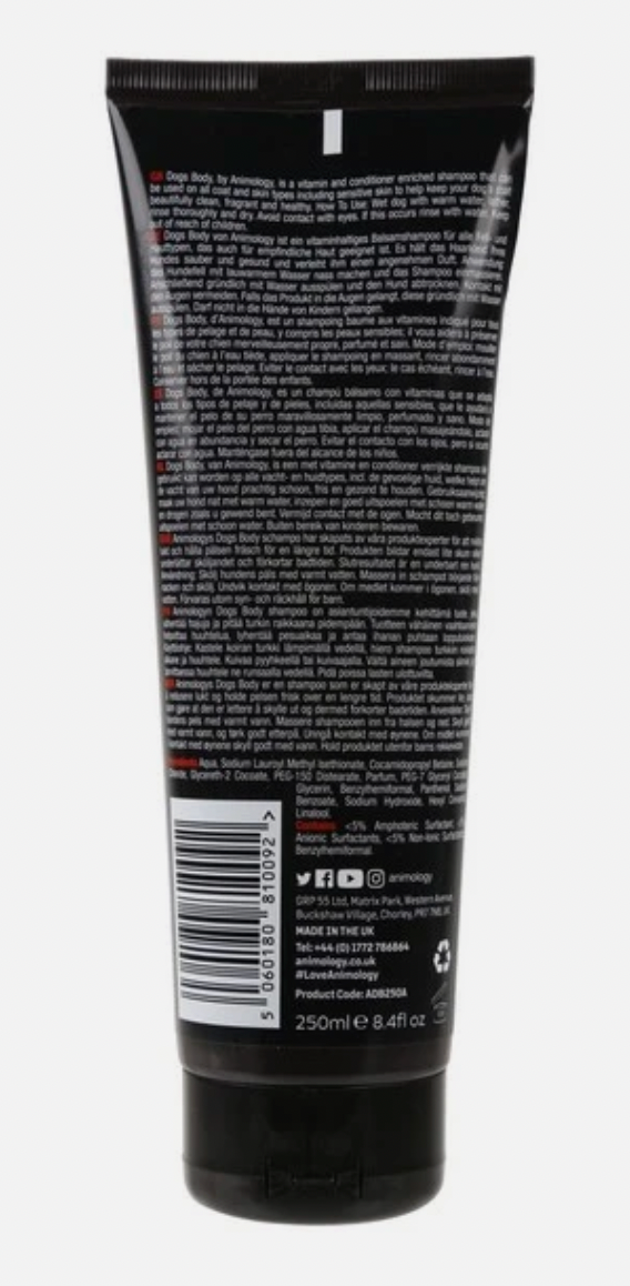 Tube of Animology Dogs Body shampoo back view, including a red label with a black tube. 