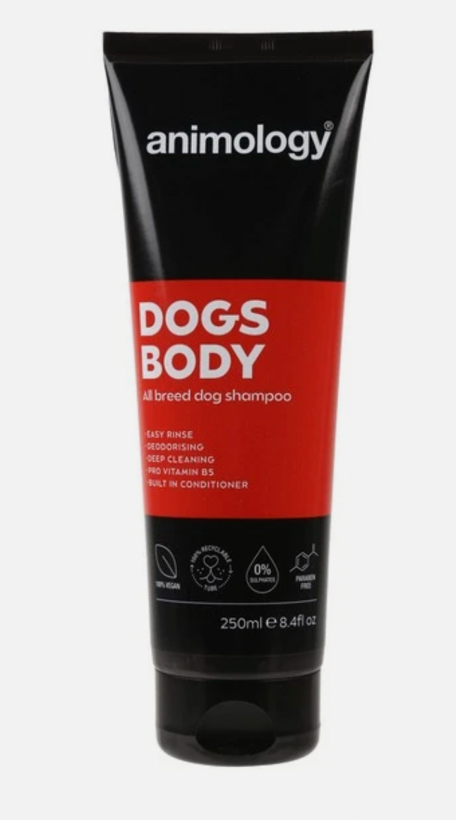 Tube of Animology Dogs Body shampoo front view, including a red label with a black tube. 