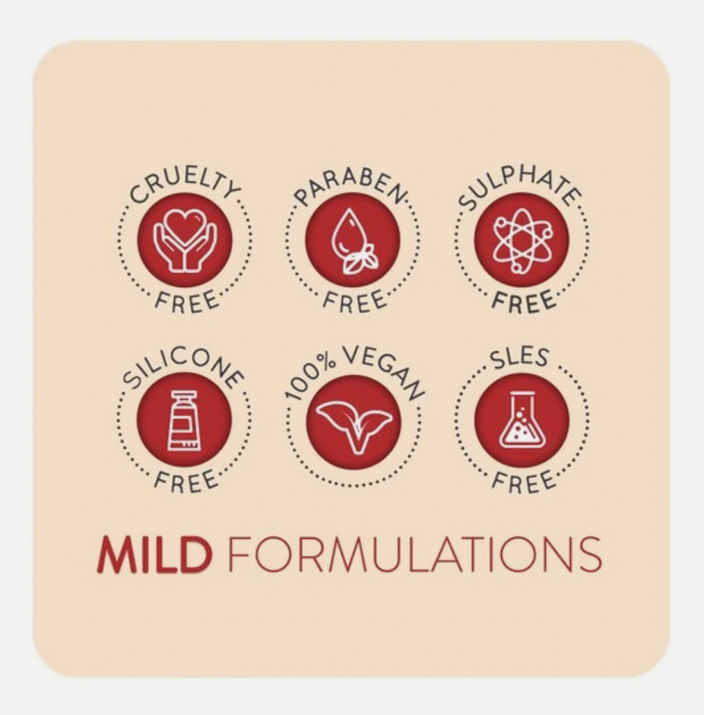 Image shows a red sign with explanations of the Flea and Tick shampoo product. Says cruelty free, paraben free, sulphate free, silicone free, 100% vegan and SLS/SLES free 