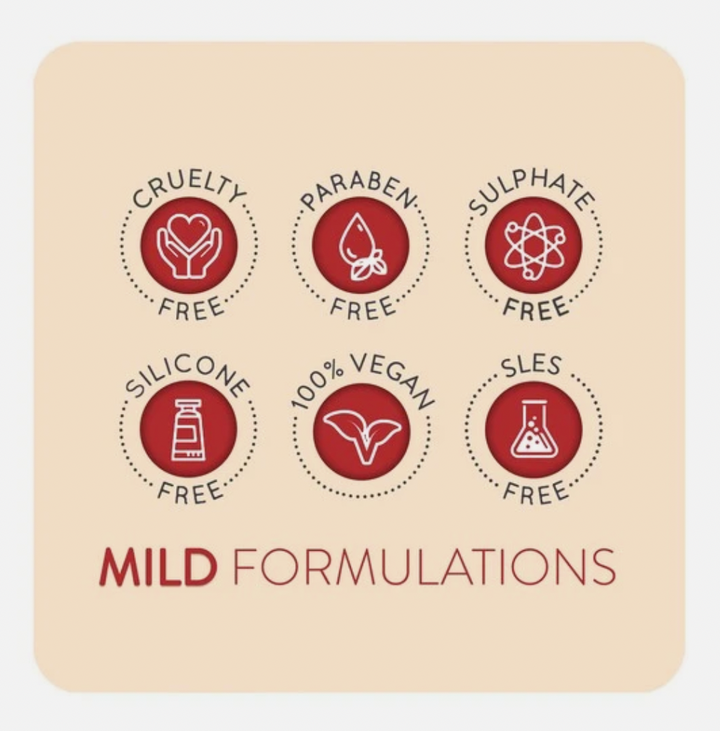 Image shows a red sign with explanations of the Flea and Tick shampoo product. Says cruelty free, paraben free, sulphate free, silicone free, 100% vegan and SLS/SLES free 
