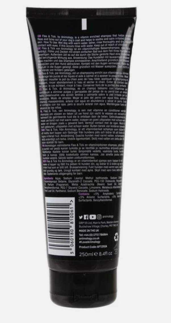 Tube of Animology Flea and Tick shampoo back view, including a purple label with a black tube. 