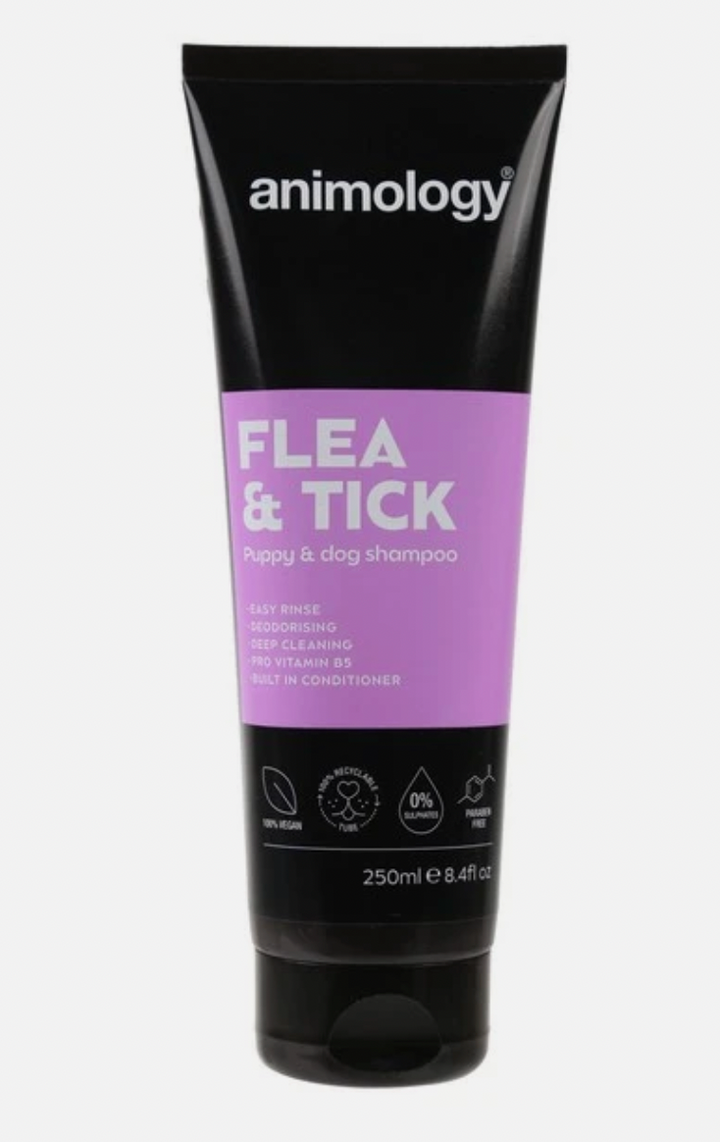 Tube of Animology Flea and Tick shampoo front view, including a purple label with a black tube. 