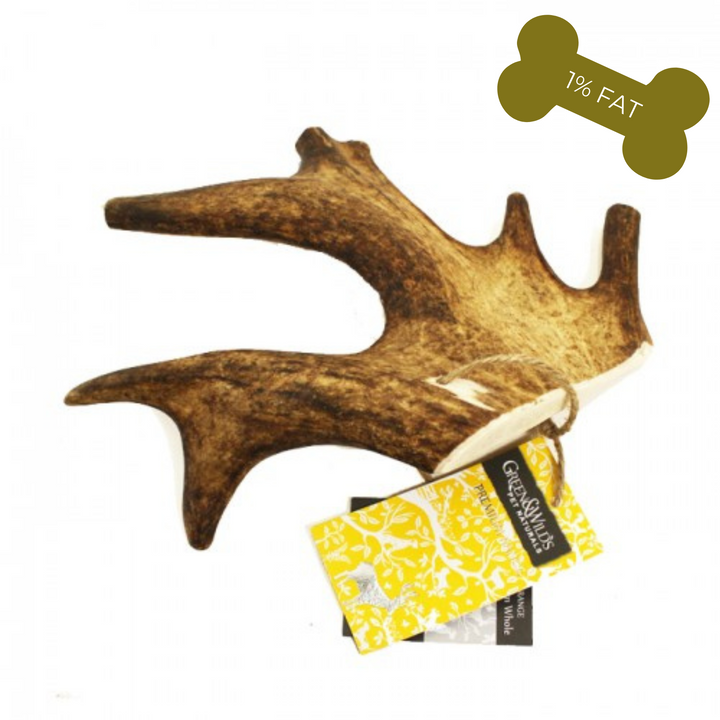 Green & Wild's antler chew with yellow label