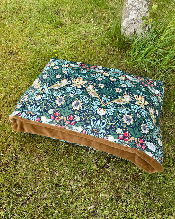 William Morris Ember Strawberry Thief Velvet Doggy Den Bed
