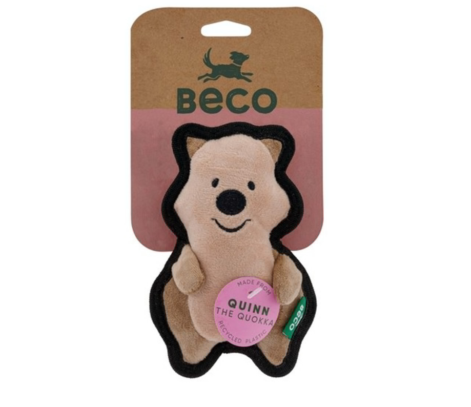 Beco dog toy packaging with a brown quokka toy. Label calls the toy Quinn the Quokka 
