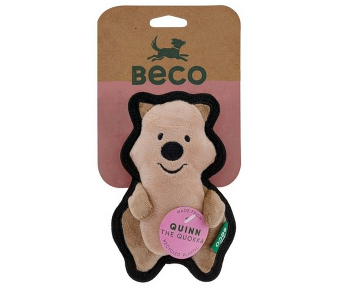 Beco dog toy packaging with a brown quokka toy. Label calls the toy Quinn the Quokka 