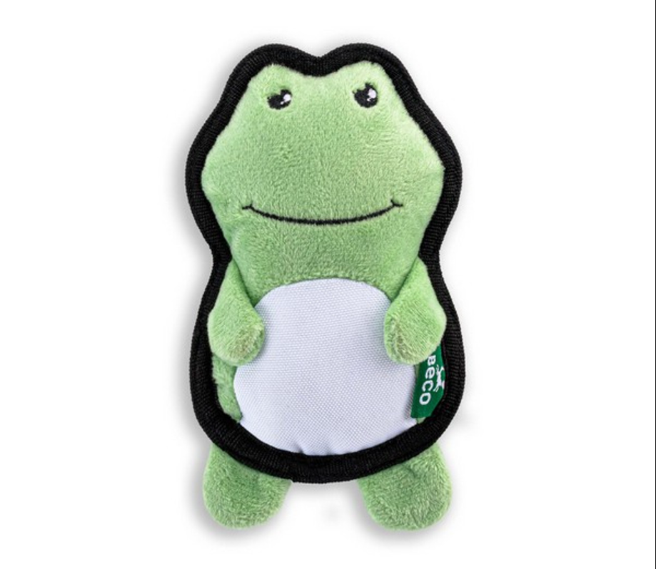 Green frog-shaped plush toy with a white belly and black border 