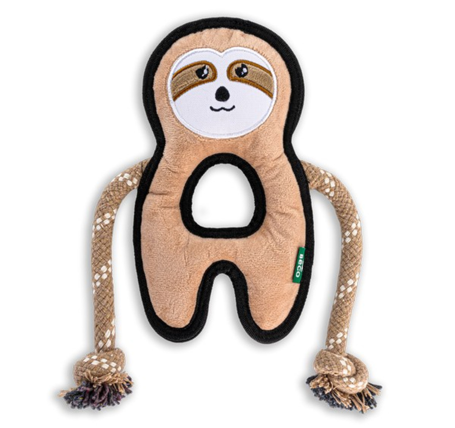 Plush sloth dog toy with rope knots as arms. Light brown with embroidered face and a black border 