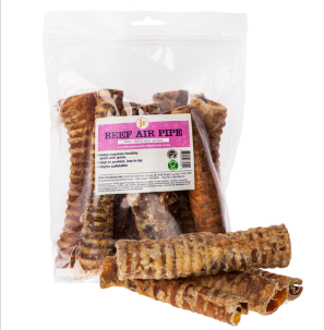 Beef air pipe dog treat, clear packaging with a pink label, product visible 