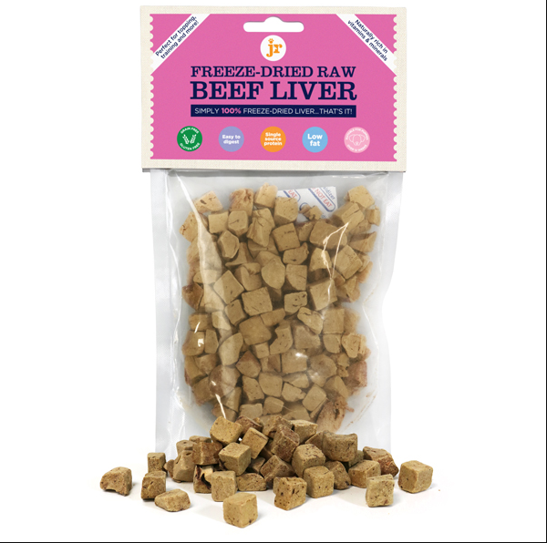 Package of freeze-dried raw beef liver with a pink label