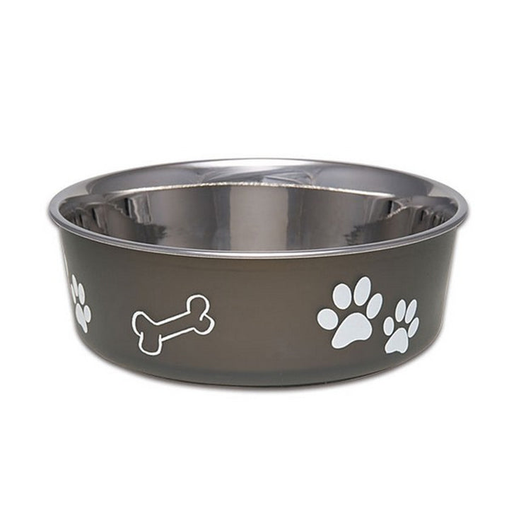 Brown dog bowl with paw and bone designs on a white background