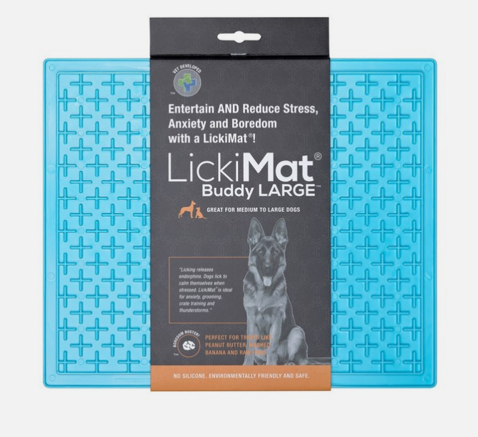 Blue LickiMat Buddy Large, slow feeder mat for dogs, with raised crosses for food placement. 