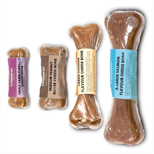 Cheese Bones in different sizes and flavours, Lamb, Peanut Butter, Chicken, Salmon