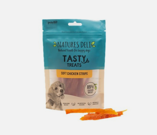 Package of Natures Deli Tasty Treats Soft Chicken Strips for dogs, with product visible. 