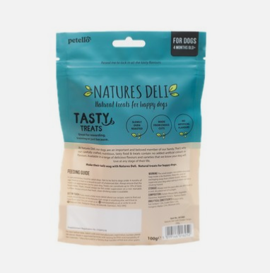 Pet food packaging for 'Natures Deli' tasty treats for dogs showing the back of the packaging, with product information