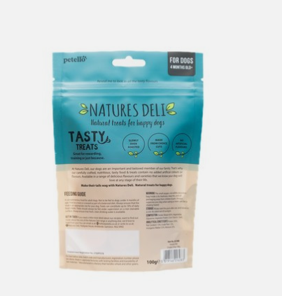 Pet food packaging for dogs with 'Natures Deli' branding on a white background