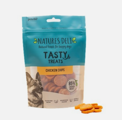 Package of Natures Deli Tasty Treats Chicken Chips for dogs on a white background