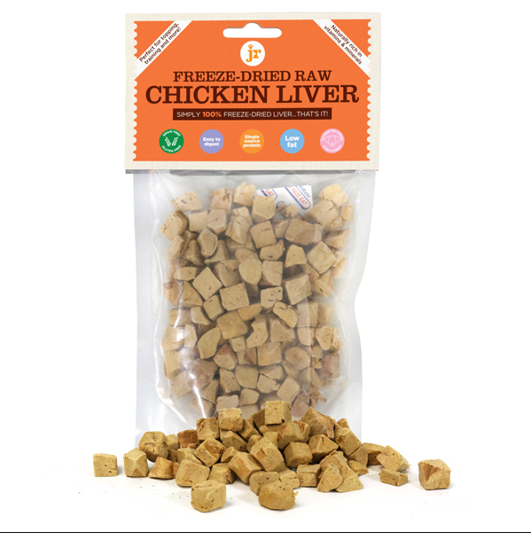 Package of freeze-dried raw chicken liver with an orange label, product visible