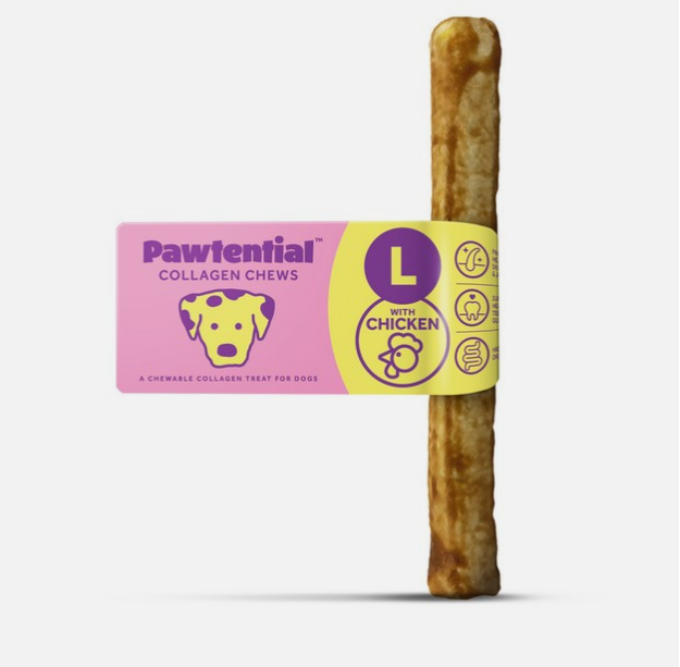 Dog collagen chew treat with Pawtential packaging. Showing a size large and chicken flavouring