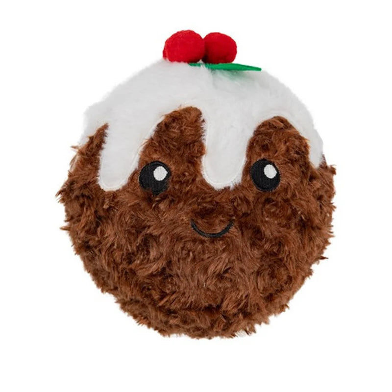 Plush toy shaped like a Christmas pudding with cherries on top against a white background