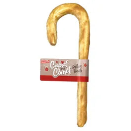 Cubed and Comet Festive Treats novelty cane-shaped dog chew, shown with its retail paper band on a plain white background.
