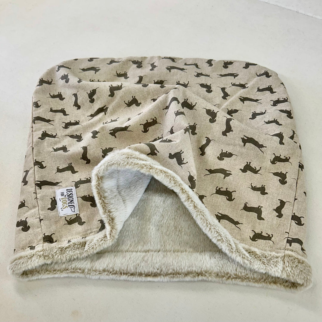 Snuggle sack in grey dachshund fabric with silver super soft inner 