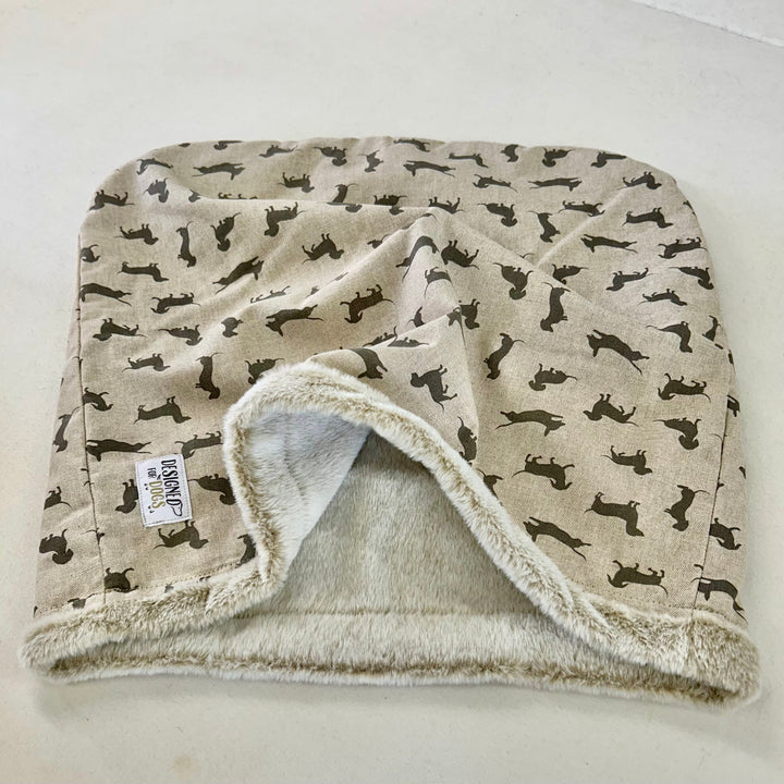 Snuggle sack in grey dachshund fabric with silver super soft inner 