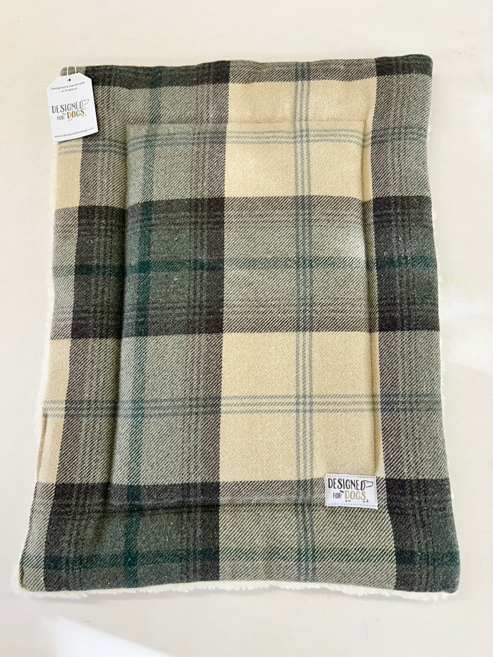 Dark blue tartan small dog mat with designed for dogs label 