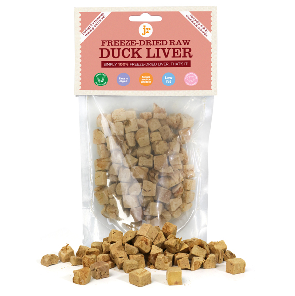 Package of freeze-dried raw duck liver with visible product and brand label 