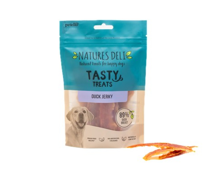 Natures Deli Tasty Treats Duck Jerky  for dogs package 