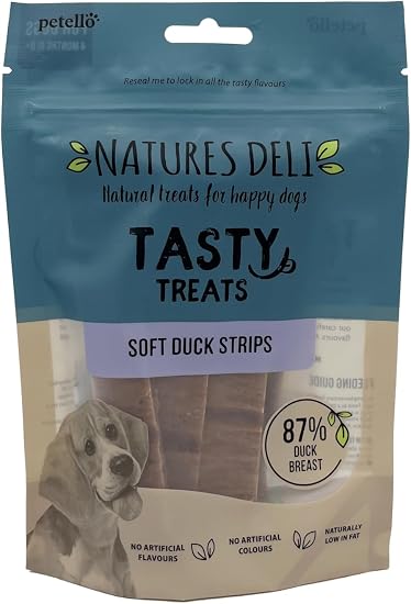 Natures Deli Tasty Treats Soft Duck Strips in a resealable stand-up pouch. The packaging features a blue top half and a beige bottom half with a photo of a dog, showing the treats through a clear window.