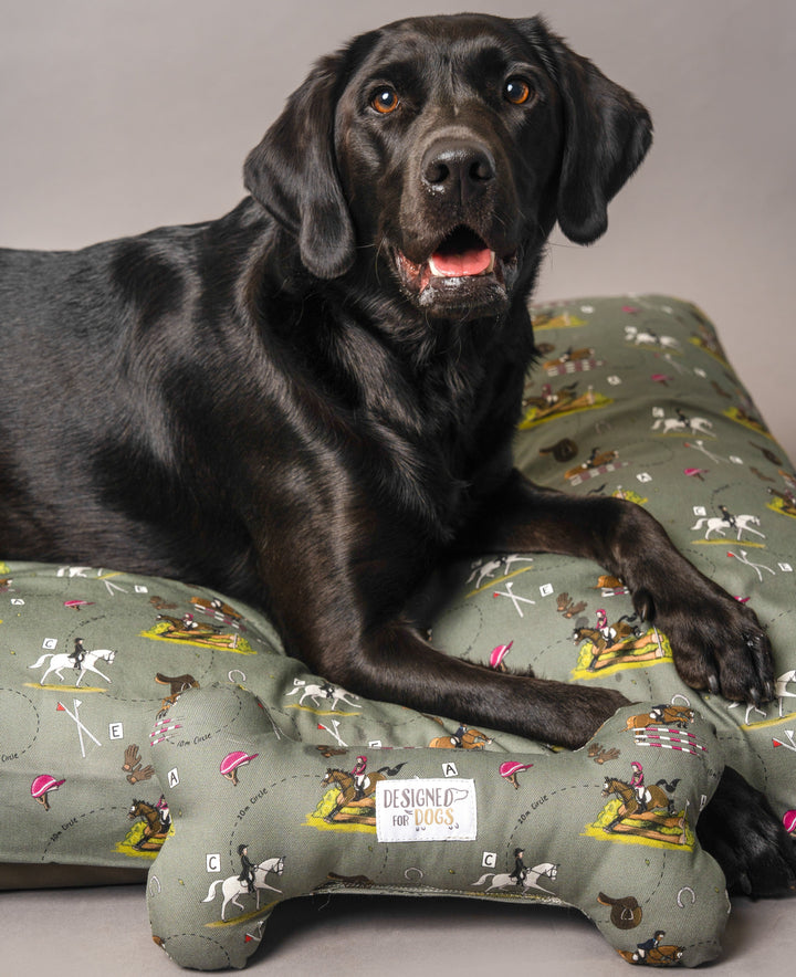 A black dog sat on a dog bed with a bone toy in front, both in Emily Cole Eventer fabric, which is green and has images of horse jumping