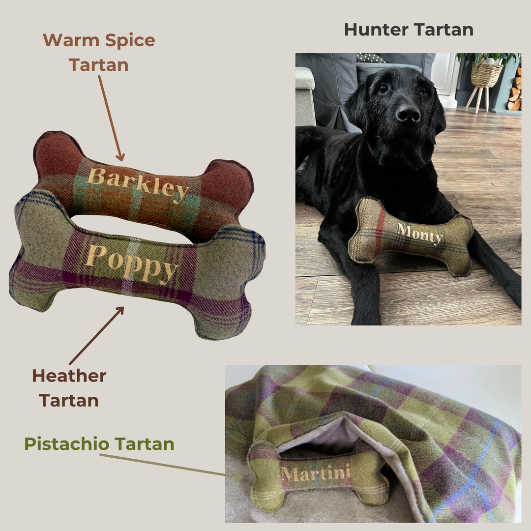 A collage showing three dog bone-shaped plush toys made from plaid fabric, with text labels naming the tartans and the names embroidered on each toy. A black dog is also shown lying on a wood floor holding one of the toys.