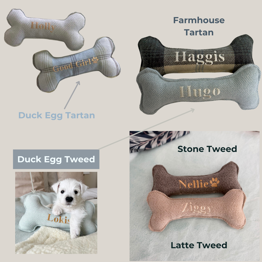 A collage showing several plush bone-shaped pet toys in different fabrics and colours, each with embroidered names. 