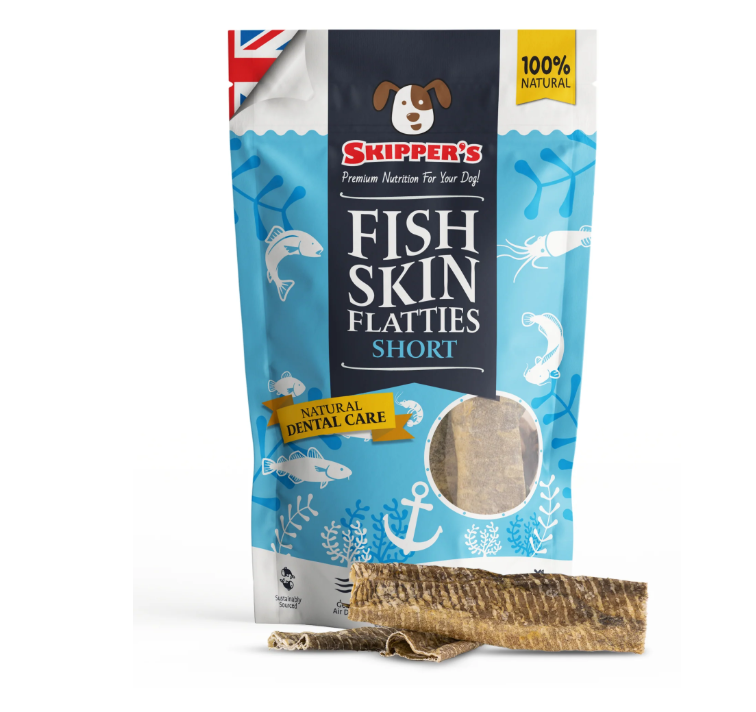Package of Skipper's Fish Skin Flatties Short for dogs, showing product visible