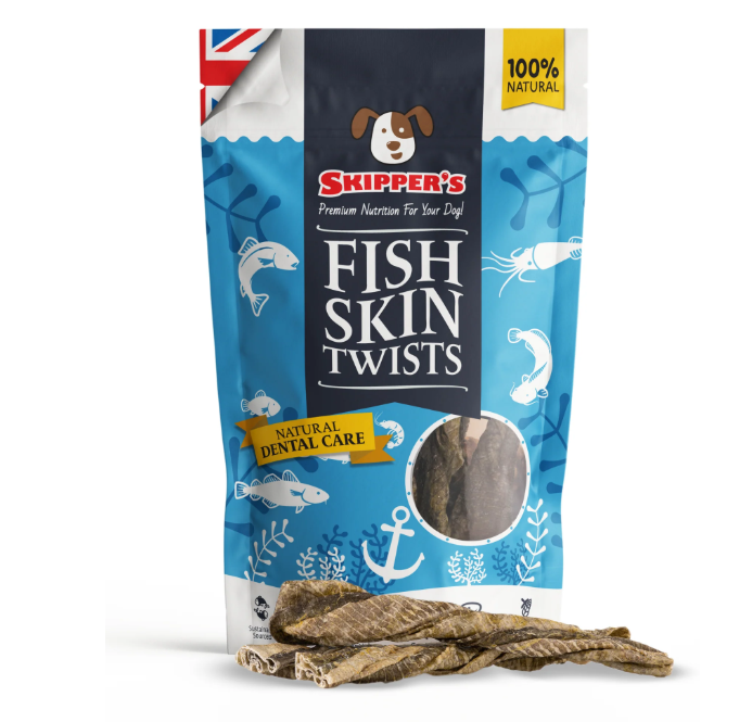 Package of Skipper's Fish Skin Twists dog treat with visible brand logo and product name.