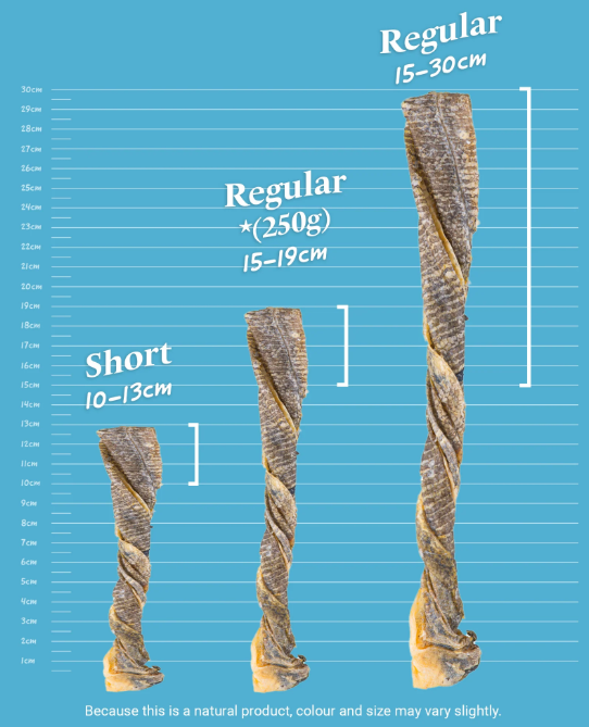 Measurement chart showing different sizes of Skipper's fish twists. Short (10-13cm), Regular (15-19cm/ 250g), Regular (15-30cm)