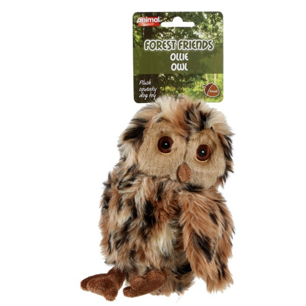 A plush owl dog toy with a label indicating it is part of the 'Forest Friends' range and named 'Ollie Owl'.