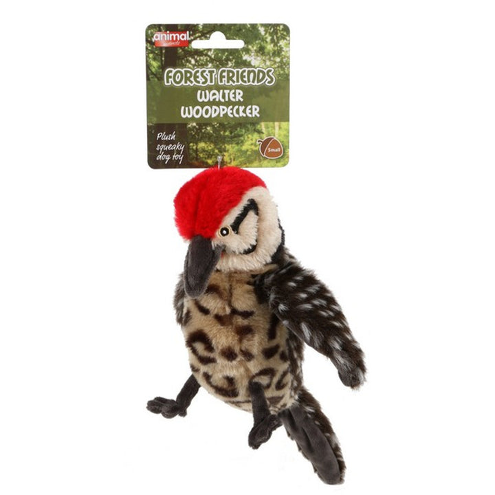 Plush dog toy in the shape of a woodpecker called Walter, with brown and black body and red head. 