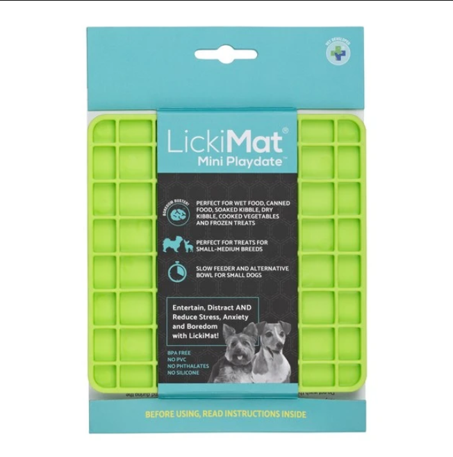 LickiMat Mini Playdate dog lick mat in its retail packaging, featuring a bright lime green grid design on a teal and black backing card.