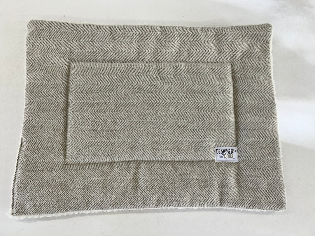 Grey tweed small dog mat with designed for dogs label 