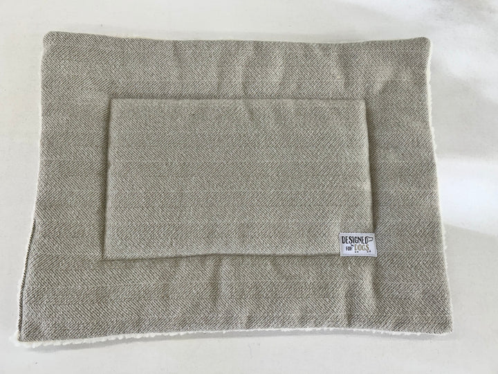 Grey tweed small dog mat with designed for dogs label 
