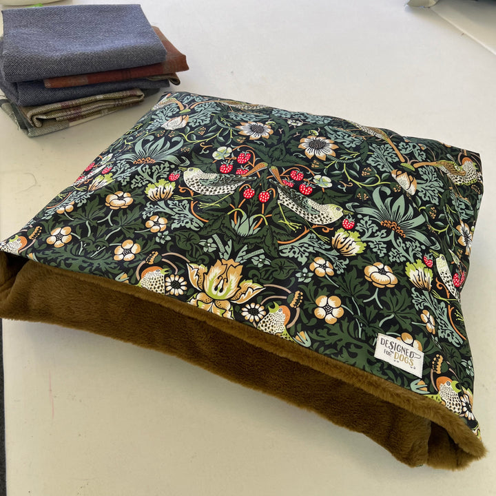 William Morris Ember Strawberry Thief Velvet Doggy Den Bed