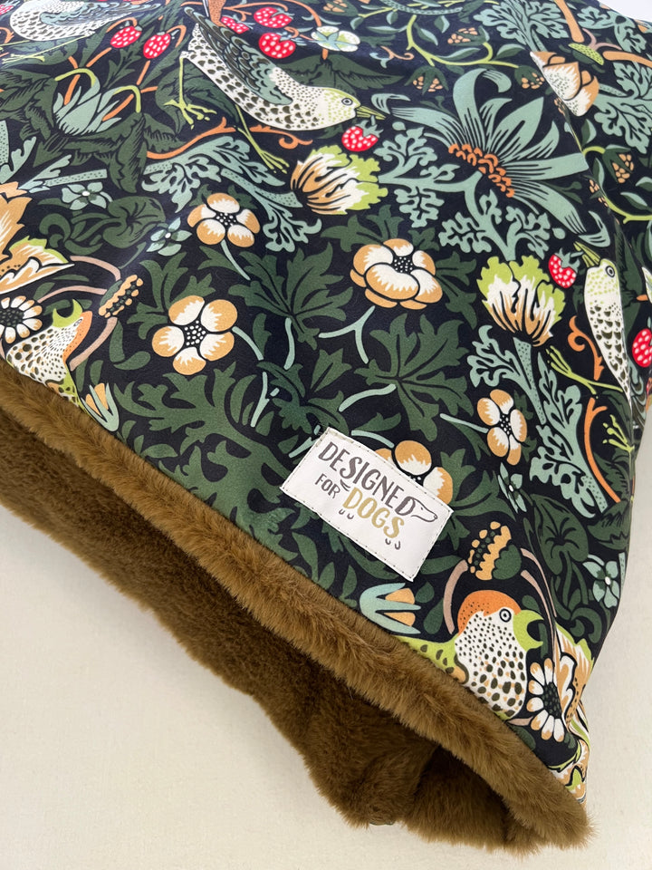 William Morris Ember Strawberry Thief Velvet Doggy Den Bed