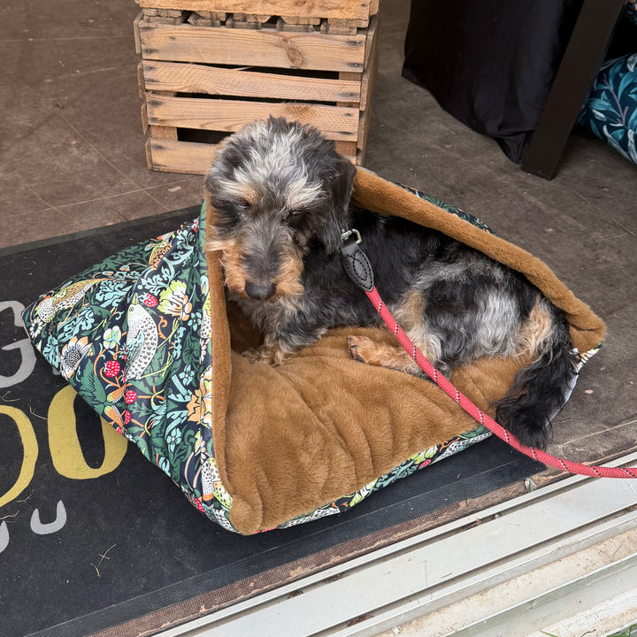 William Morris Ember Strawberry Thief Velvet Doggy Den Bed