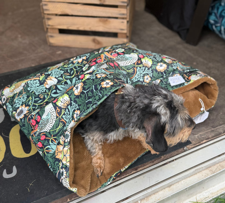 William Morris Ember Strawberry Thief Velvet Doggy Den Bed