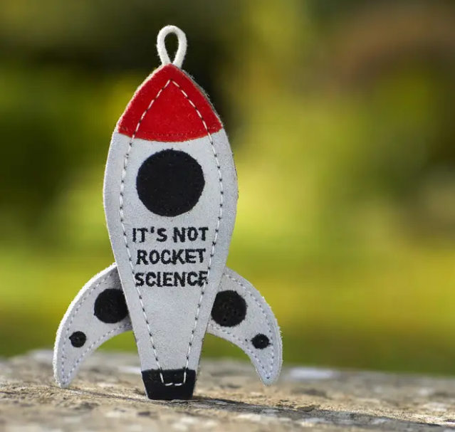 White, black and red rocket shaped Green & Wild's eco dog toy with the words 'It's not rocket science' embroidered on it 