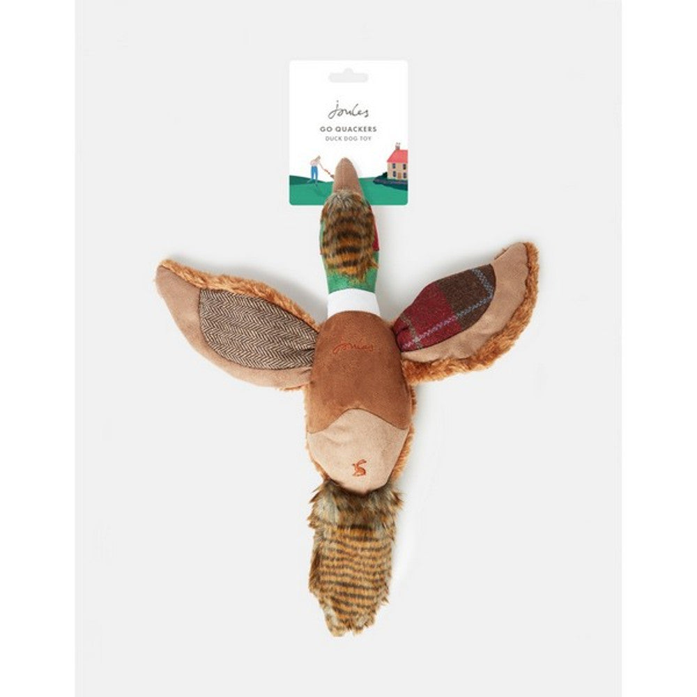 A plush Joules dog toy in the shape of a duck with a mix of materials including tartan and tweed fabrics. 